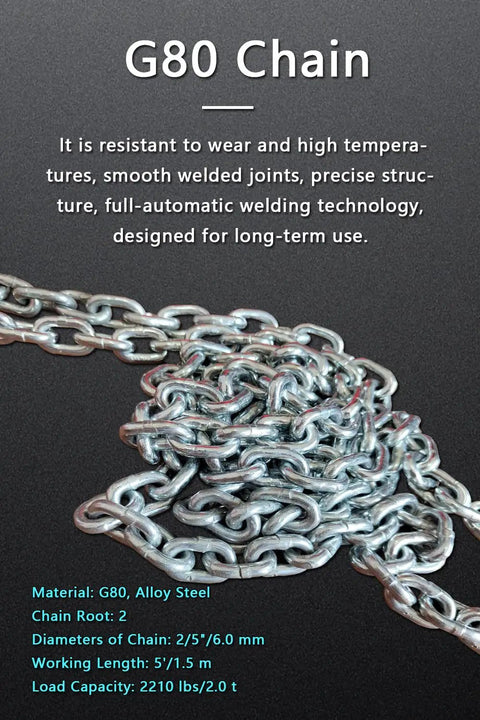 Close-up of Beefy 2 Ton Grade 80 Alloy Steel Chain Sling, 5 ft long, highlighting welded joints and alloy material.