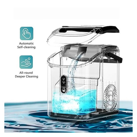 Countertop Ice Maker With Handle Delivers Chewable Nugget Ice In Six Minutes Or Less showing auto clean feature with clear water.