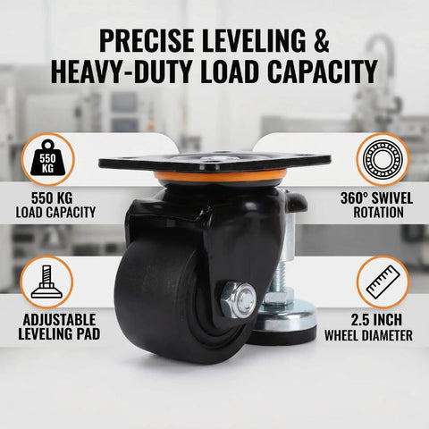 Beefy 2.5 Inch Leveling Swivel Caster Wheels With Adjustable Foot Pad, heavy-duty 550 Kg load capacity for industrial use.