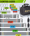 Heavy Duty Bungee Cord Set With Hooks Go To 28 Piece Assorted Sizes 10 Inch Mini 18 Inch 24 Inch 36 Inch 48 Inch 60 Inch in storage bag