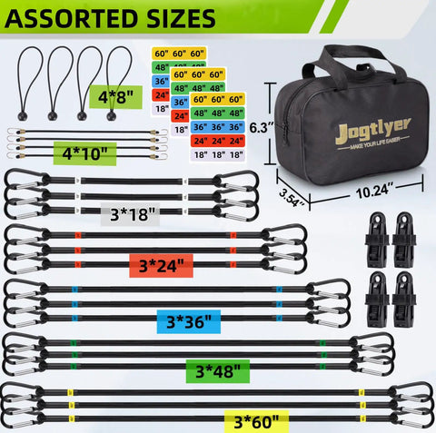 Heavy Duty Bungee Cord Set With Hooks Go To 28 Piece Assorted Sizes 10 Inch Mini 18 Inch 24 Inch 36 Inch 48 Inch 60 Inch in storage bag