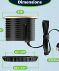 Dimensions of GaN Desk Grommet With 60W USB-C PD Fast Charging, 2 USB-A Ports, And Duplex Outlet Receptacles in gold finish.