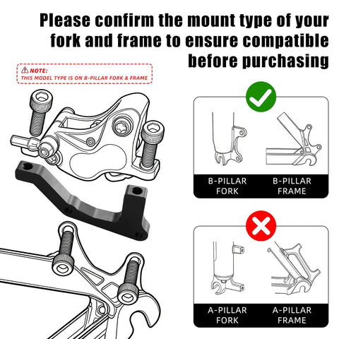 Diagram showing Front And Rear Disc Brake Caliper Mount Adapter For 203mm Rear Rotors CNC Machined Aluminum Alloy compatibility check