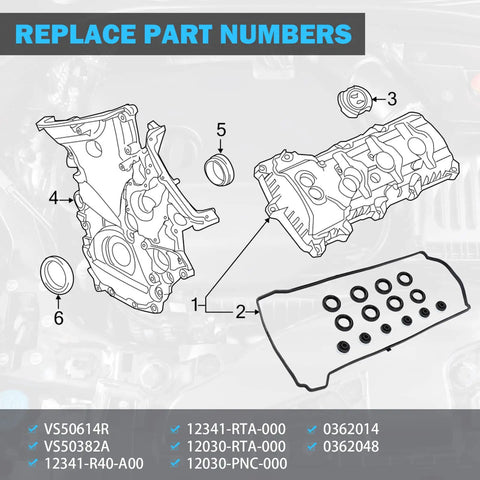 Leak-Proof Valve Cover Gasket Set For 2.0L 2.3L 2.4L Honda Accord Civic CR-V Element Crosstour Acura CSX ILX RDX RSX TSX Replaces VS50614R 12341-R40-A00 Oil Seal Kit That Stops Leaks And Creeping Oil Drips. Valve cover gasket set with seals and part number replacements