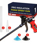 Pro Spray Foam Gun With PTFE Coated Chamber And Adjustable Flow Dial For Slick Use Ergonomic Grip Plus Eight Inch Extended Barrel Universal Screw Adapter Gonna Get Your Insulation Work Done Quick With Zero Clogs Daily with nozzles and packaging.