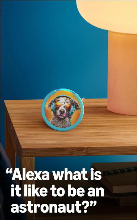 Echo Pop Kids Smart Speaker With Alexa Plus Showcasing Fresh Disney Princess Vibes on wooden table next to a lamp.
