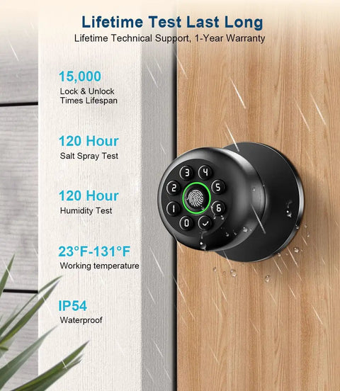 Smart Fingerprint Door Lock With Keypad And App Control 4 In 1 Biometric Door Knob in matte black under rain test