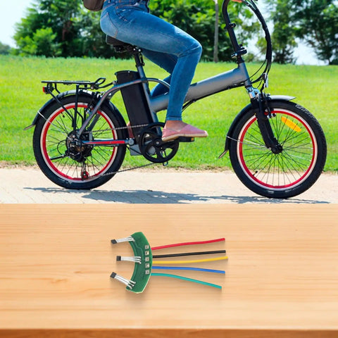 Must Have Ebike Hall Sensor 120 Degree 43F PCB Cable Replacement Part For Sine Wave Motors In 3 Wheel Electric Scooters Includes Board And Wire For Easy Install Green on table, bike in background