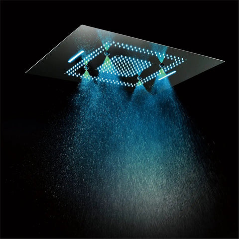 Top Tier Led Thermostatic Shower System With 60X80Cm Shower Panel featuring rainfall effect and blue LED lights.