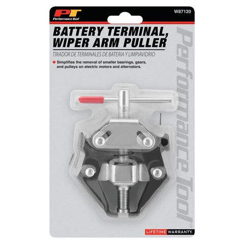 Performance Tool W87120 Battery Terminal And Wiper Arm Puller With Spring Loaded Jaws visible in packaging for automotive repair.