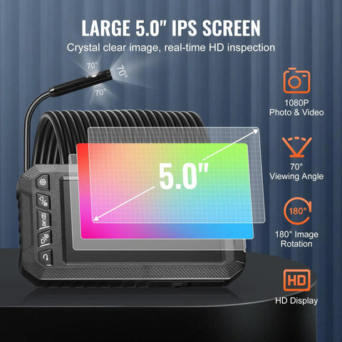 Pro Grade Endoscope Camera With Light Featuring Triple Lens For Clear Real World Inspection, 5 Inch Screen 1080P, 8 Plus 2 LED Lights With Adjustable Brightness, IP67 Waterproof Snake Camera For Automotive And Plumbing, 16.4 Foot Cable And 32GB Card, 5-inch HD screen