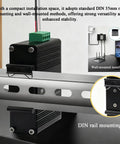 Mini Five Port PoE Gigabit Industrial Ethernet Switch installed on DIN rail mount, showcasing compact design for harsh environments