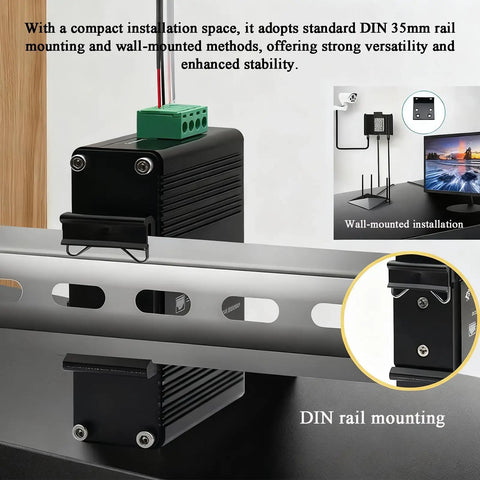 Mini Five Port PoE Gigabit Industrial Ethernet Switch installed on DIN rail mount, showcasing compact design for harsh environments