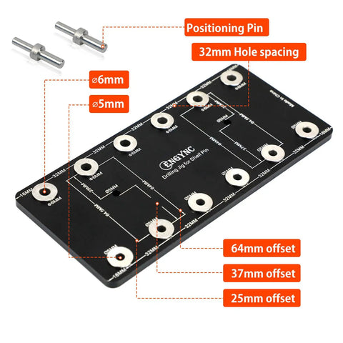 Dead On Aluminum Alloy Shelf Pin Drill Template With Six Knurled Steel Bushings For Flawless Perfect Cabinet Hardware Install And Zero Drama Woodworking Setup showing precision layout and drill hole specifications.