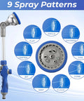 Two Pack Watering Wand With Nine Adjustable Spray Patterns showing spray options and 16-Inch Metal Hose Nozzle head design