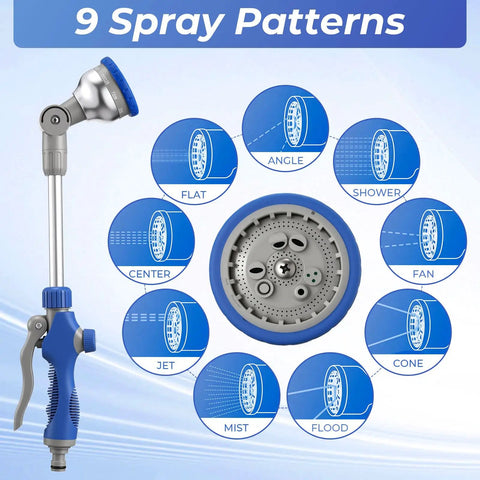 Two Pack Watering Wand With Nine Adjustable Spray Patterns showing spray options and 16-Inch Metal Hose Nozzle head design