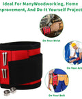 Red wristband with magnets and screws, part of 4 Piece Magnetic Tool Tray Set With Red Wristband And 15 Mighty Magnets, for handymen use.