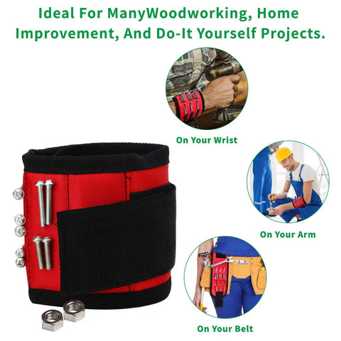 Red wristband with magnets and screws, part of 4 Piece Magnetic Tool Tray Set With Red Wristband And 15 Mighty Magnets, for handymen use.