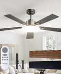52 Inch Ceiling Fan With Light And Remote, Dimmable 3CCT, Reversible, Quiet Noiseless Black Ceiling Fan For Bedroom And Living Room, Energy Efficient Fast Cooling, displayed in living room setting with remote and blade options.