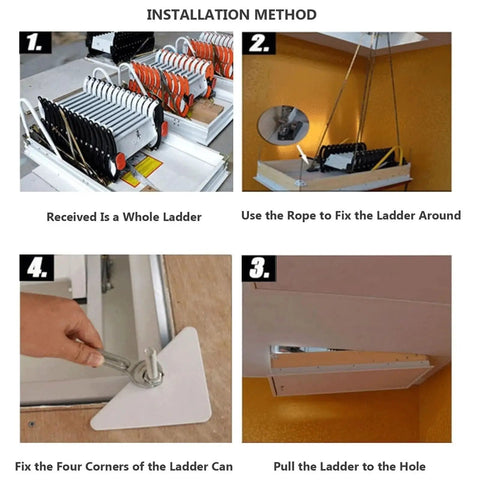 Installation steps of the Heavy Duty Electric Attic Ladder With Smooth Remote Control Pull Down Loft Stairs for ceiling access.