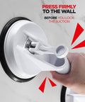 Hand securing suction grab bar of Non Slip Grippy Shower Chair With Suction Grab Bar And Suction Cup Head Holder Back Scrubber Sponge Tool 8 Adjustable Heights Portable Bath Chair For Elderly Set Of 5.