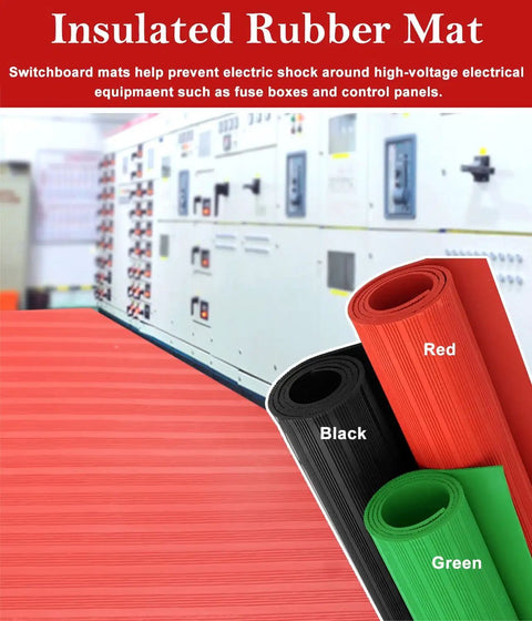 Built Tough Heavy Gauge High Voltage Insulating Rubber Mat Dielectric Non Conductive Switchboard Floor Roll Black Corrugated Anti Shock Workzone Defender displayed with red and green options.
