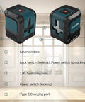 Diagram of Bright Green Laser Level With USB C Charging, 100ft Auto Level Cross Line Tool, highlighting features including laser window and ports.