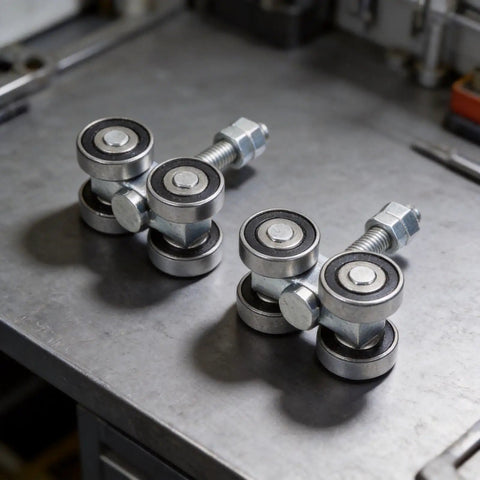 Heavy Duty 4 Wheel Trolley Assembly Rollers With Rust Resistant Galvanized Body High Carbon Steel Core For No Sweat Cart Repairs And Reliable Gear Hauling On Any Project Or Daily Grind on metal surface with nuts and bolts.