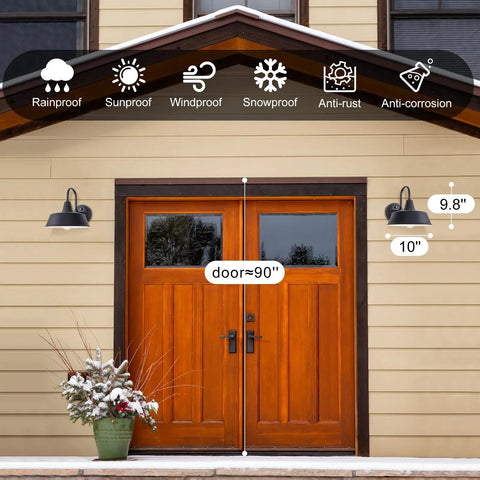 House exterior with two Dusk To Dawn 10 Inch Gooseneck Outdoor Wall Lights Black Exterior Barn Light Fixture With White Accent Farmhouse Porch Sconce