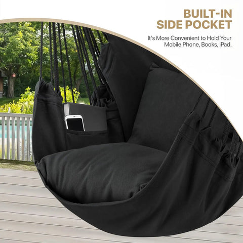 Close-up of Cozy Hammock Chair With Two Cushions Hanging Rope Swing For Indoor Outdoor Patio Black Boho Macrame With Pocket