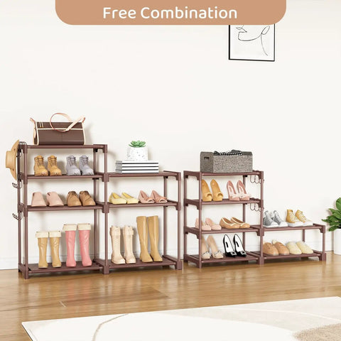 Boss 8 Tier Shoe Rack Organizer For Closet Entryway And Garage Brown Holds 26 To 32 Pairs Of Shoes And Boots With 15 Hooks