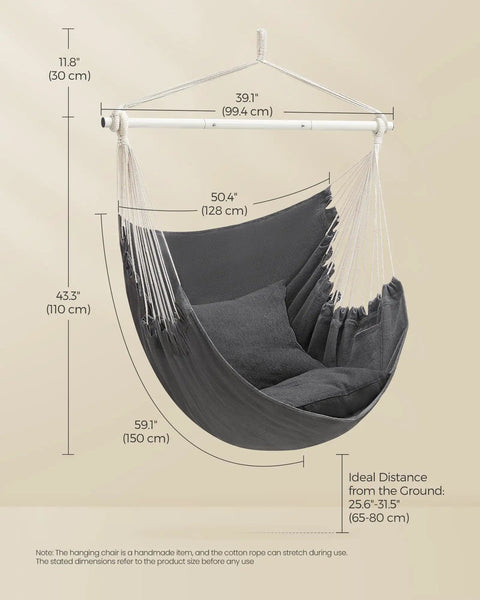 Measuring diagram of Cozy Hammock Chair With Two Cushions For Indoor Outdoor Lounging, Heavy Duty Steel Frame With Chains in Slate Gray.