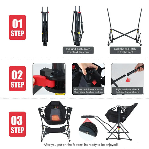 Heated Hammock Camping Chair With Footrest And Battery Pack Power Bank Included assembly instructions, showing setup steps.