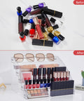 Before and after image showing cluttered nail polish next to an organized 6 Tier Acrylic Nail Polish Organizer With No Fuss Easy Install Holds Up To 96 Bottles Space Saving Countertop Rack Clear Display Shelves For Nail Salon Or Home Keeps Your Vanity Neat And Tidy