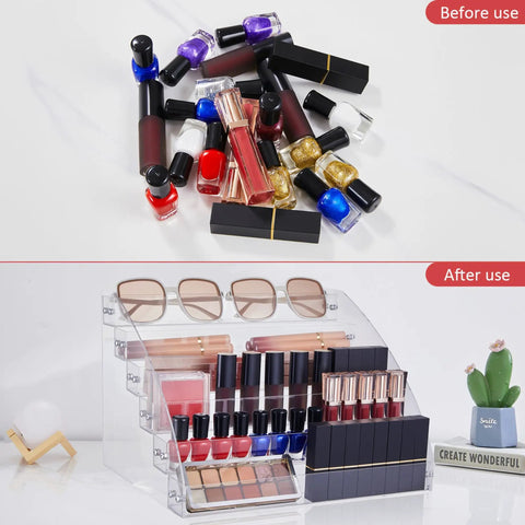 Before and after image showing cluttered nail polish next to an organized 6 Tier Acrylic Nail Polish Organizer With No Fuss Easy Install Holds Up To 96 Bottles Space Saving Countertop Rack Clear Display Shelves For Nail Salon Or Home Keeps Your Vanity Neat And Tidy
