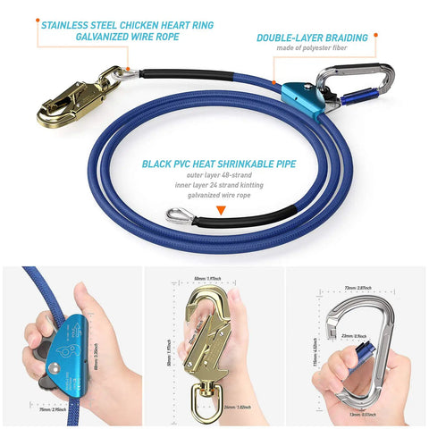 Half Inch Steel Core Tree Climbing Kit With Eight Foot Flip Line, heavy duty arborist gear shown with components and materials