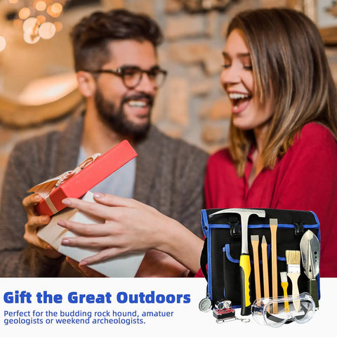 Couple exchanging gift with Geology Rock Pick Hammer Kit With 32oz Hammer And 3 Digging Chisels for rock hounding gear inset