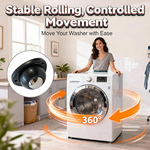 Black Stainless Steel Self Adhesive Caster Wheels 4 Pack Large Profile Swivel Ball Casters installed on washing machine for easy movement