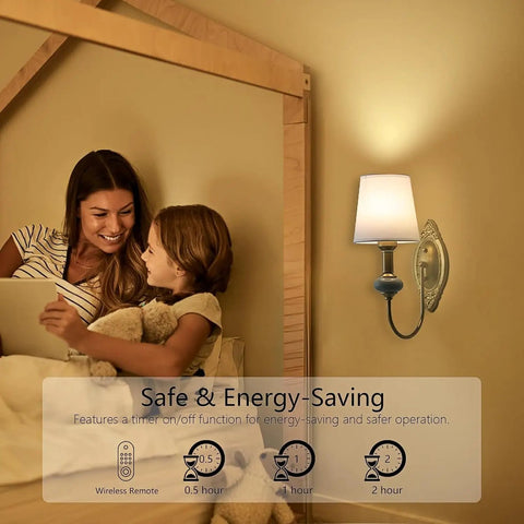 Vintage Wireless Wall Sconce Set Of Two Rechargeable Gold Led Accent Lamps With Fifteen RGB Mood Tones Zero Cord Hassle Super Easy Mount For Living Room Vibe, illuminating a cozy bedroom scene with mother and child.