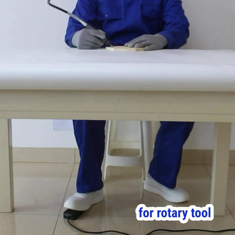 Person using foot switch pedal momentary normally off press and hold to on 10 ft cord for hands-free rotary tool operation.
