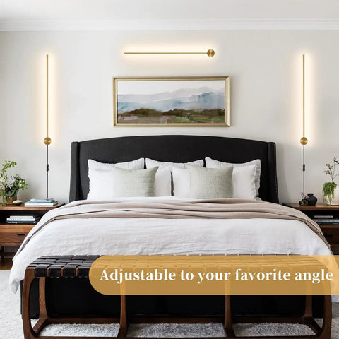 Dimmable Modern Plug In Wall Sconce Set Of 2 Gold Brushed Finish 23.6 Inch Indoor Wall Lamps With Memory Function And 3000K 4000K 6000K Color Temperature Perfect For Living Room And Bedroom in bedroom setting