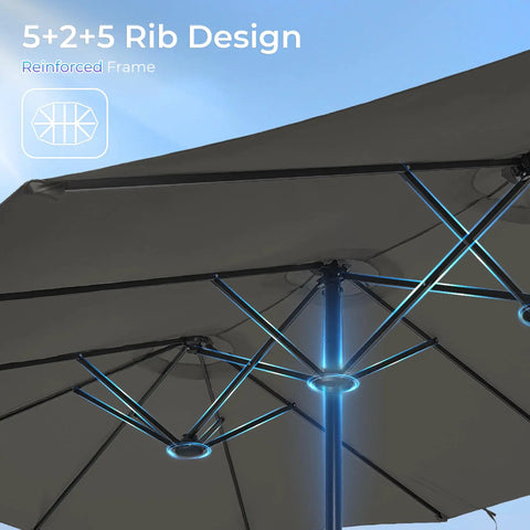 13 Foot Outdoor Patio Umbrella With Base Included, Double Sided Fade Resistant Canopy, rib design detail, top view