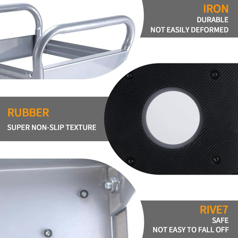 Close-up of iron frame, rubber panel, and riveted construction of Heavy Duty Motorcycle Panel Stand For Dirt Bikes Maintenance Hoist Lift Jack Removable Trail Motocross Stand With 1000 Lb Capacity And Steel Construction Elevates Bike Up To 15.16 Inches For Easy Lube Storage And Repairs.