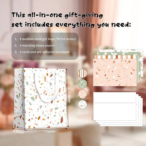 All In One Gift Bag Set With Four Medium 9 Inch Bags, Tissue Paper, Greeting Cards, And Self Adhesive Envelopes For Any Occasion