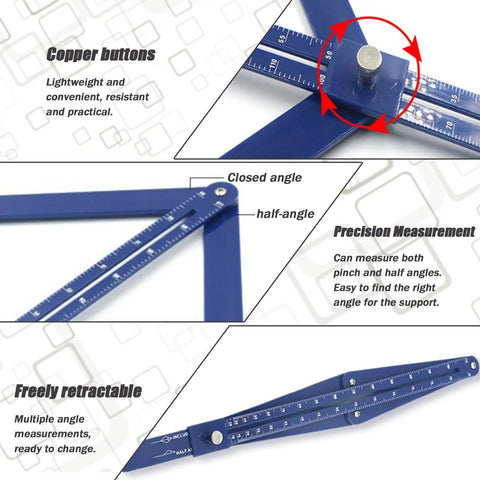 Dead On Corner Angle Finder Tool showing dual scale readouts, copper buttons, and precision measurement features for woodworking.