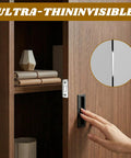 No Drill Magnetic Cabinet Door Catch Set with stainless steel latches and adhesive, showing ultra-thin design on wooden cabinet