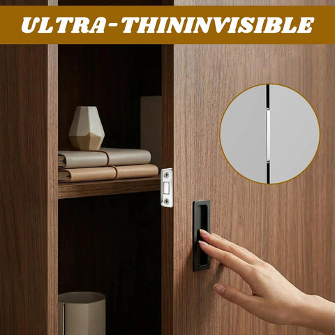 No Drill Magnetic Cabinet Door Catch Set with stainless steel latches and adhesive, showing ultra-thin design on wooden cabinet