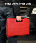 Person holding red heavy duty storage case for Beefy Half Inch Drive Master Impact Socket Set 39 Piece 9mm-30mm