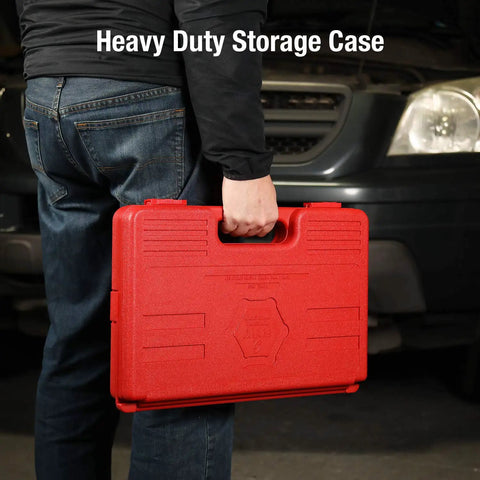 Person holding red heavy duty storage case for Beefy Half Inch Drive Master Impact Socket Set 39 Piece 9mm-30mm