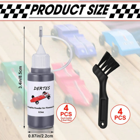 4 Pack Graphite Powder For Pinewood Derby Cars, 0.5oz Each With Needle Tip And Cleaning Brushes, dry lubricant for wheels